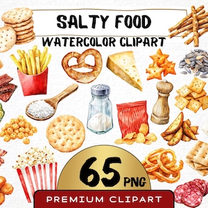 Clipart de comida salada en acuarela (65 PNG), ilustraciones de aperitivos: pretzels, palomitas de maíz, papas fritas, impresiones digitales de comida de verano, uso comercial