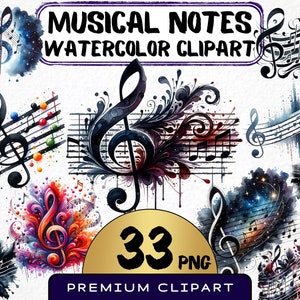 Clipart de notes de musique 33 png, aquarelle de clé, art coloré personnel de musique, musicien, symboles de la musique abstraite, scrapbooking, pour usage commercial