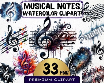 Musical Notes Clipart 33 Png, Clef Watercolor, Colorful Music Staff Art, Musician, Absract Music Symbols, Scrapbooking, for Commercial Use