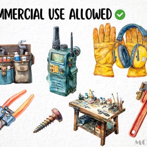 May include: Watercolor illustration of various tools, including a tool belt, walkie-talkie, work gloves, ear protection, pliers, a screw, a workbench, and a wrench. The image includes the text "COMMERCIAL USE ALLOWED".