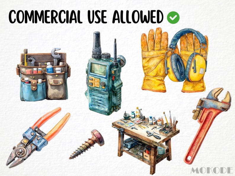 May include: Watercolor illustration of various tools, including a tool belt, walkie-talkie, work gloves, ear protection, pliers, a screw, a workbench, and a wrench. The image includes the text "COMMERCIAL USE ALLOWED".