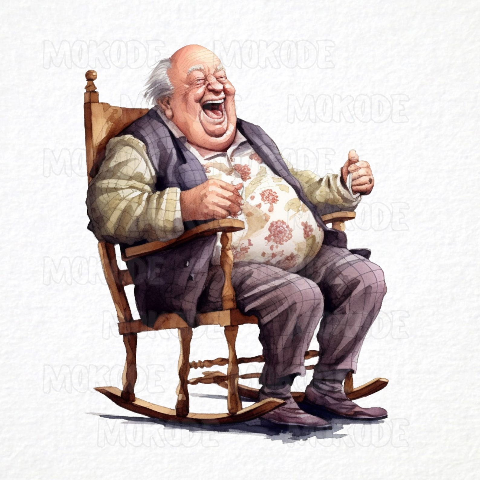 Funny Grandpa Rocking Chair Clipart, Watercolor Caricature (PNG Digital ...