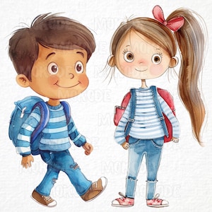 Escola Crianças Clipart 17 Png, Aquarela Primeiro Dia de Escola Presente, Bonito Volta às Aulas Cartão Fazendo, Creche Escola Clipart, Download Instantâneo