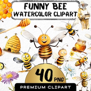 Lustige Biene Clipart 40 Png, niedliche Karikatur Honigbiene, Aquarell Sommer Bug, Cartoon-Honigwabe, Sublimation, digitale Kunst, Scrapbooking