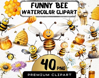 Funny Bee Clipart 40 Png, Cute Caricature Honeybee, Watercolor Summer Bug, Cartoon Honeycomb, Sublimation, Digital Art, Scrapbooking