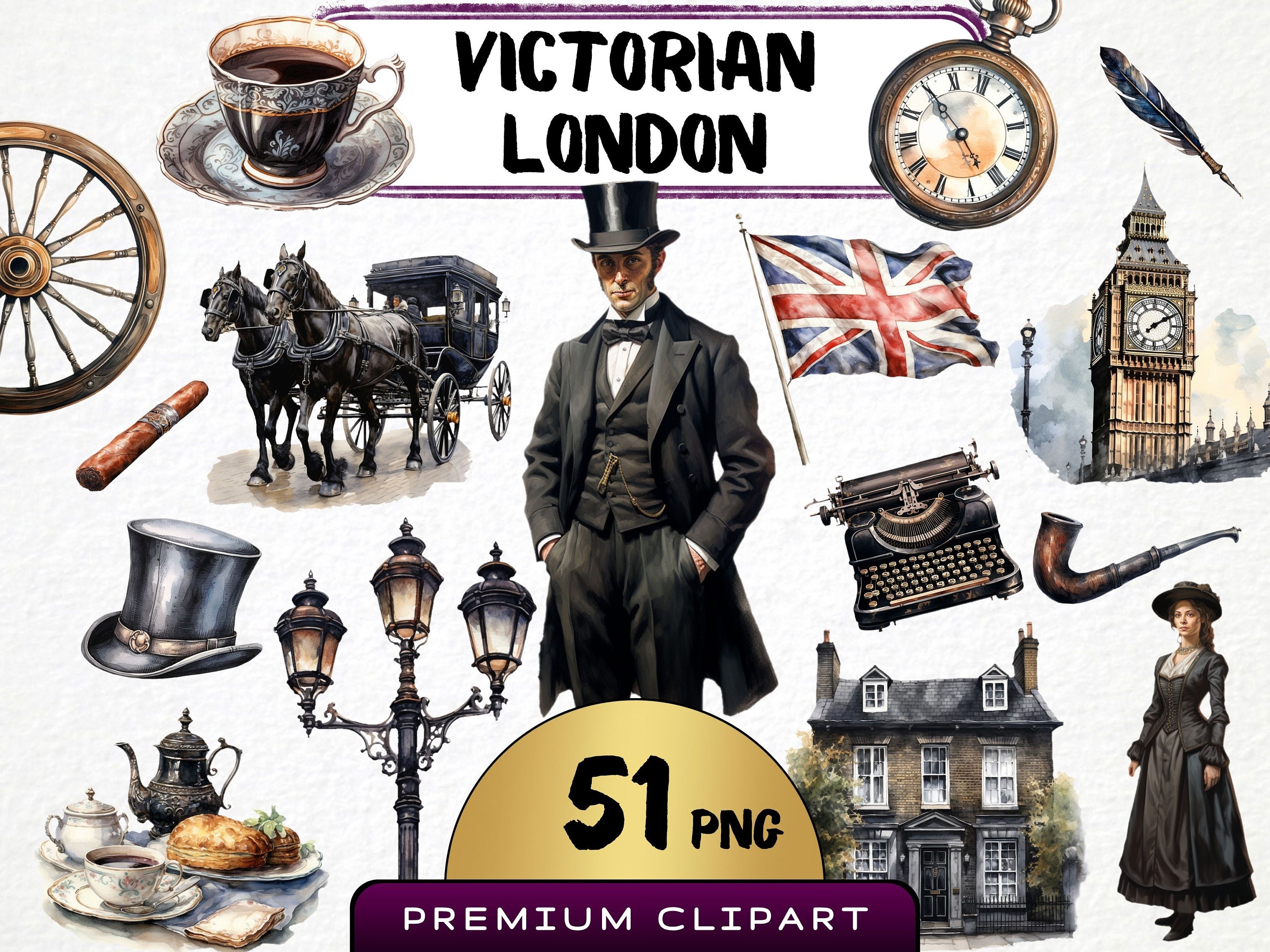 Victorian London Clipart, 51 Watercolor Vintage City Graphics, 19th Century Gentlemen, Horse-Drawn Carriage Png, Top-Hat Prints, UK Tea Png