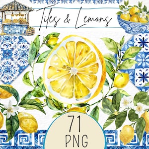 Piastrelle mediterranee e limoni Clipart 71 Png Acquerello Estate Azulejo portoghese Ceramica Blu e Bianco Modello Carta Creazione Uso Commerciale