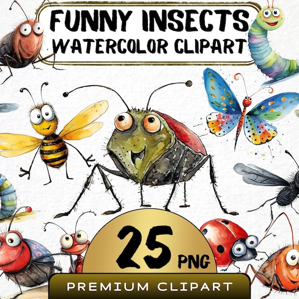 Funny Insects Clipart 25 Png, Cute Caricature Animal, Watercolor Lady Bug, Ant Portrait, Cartoon Cricket, Bug Png, Digital Art, Scrapbooking