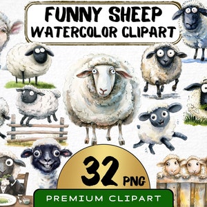 Funny Sheep Clipart 32 Png, Cute Caricature Lamb, Quirky Sheep Watercolor Silly Lamb Cartoon Farm Animals, Digital Prints, Scrapbooking