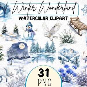 Watercolor Winter Wonderland Clipart 31 Png, Cold Snowy Landscape, Pine Tree, White Owl, Snowflake,   Instant Download, Commercial Use