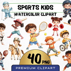 Clipart de esportes para crianças 40 PNG, ilustração fofa de atleta em aquarela de time de futebol, jogador de basquete, tênis infantil para uso comercial, bola de futebol