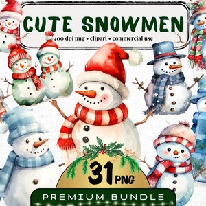 Watercolor Cute Snowman Clipart, Set of 31, Watercolor Snowman png, Watercolor Christmas Clipart, Jolly Winter Clip art bundle, Digital art
