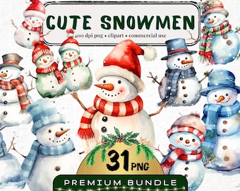 Clipart di pupazzo di neve ad acquerello, pacchetto PNG per le vacanze invernali (31 file)