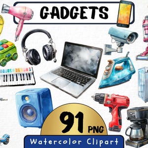 Gadgets clipart 91 png, aquarel huishoudelijke elektrische artikelen illustratie, kantoorcomputer, telefoon clipart digitale prints, instant download