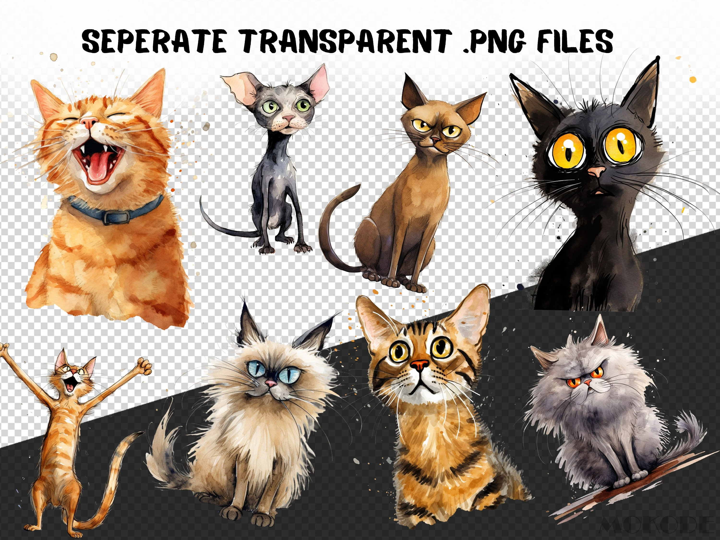 Funny Cat Breeds Watercolor Clipart, 62 PNG Caricature Kittens (digital ...