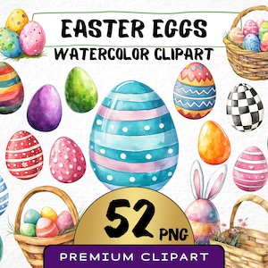 Paaseieren clipart 52 png, schattige cartoon lente decor, beschilderde eieren, paashaas aquarel, christelijke kunst digitale prints commercieel gebruik