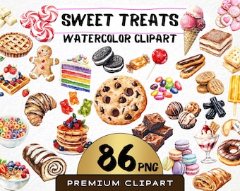May include: Watercolor clipart set of 86 sweet treats, including cookies, candy, cake, ice cream, and more.  The clipart is perfect for creating invitations, cards, and other crafts.