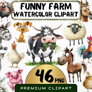 Funny Farm Animals 2 Clipart 46 Png, Cute Caricature Pets, Quirky Cow Watercolor, Funny Sheep, Cartoon Animals, Digital Prints, Scrapbooking
