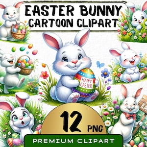 Clipart lapin de Pâques 12 Png, Art printanier de dessin animé, lapin blanc de dessin animé mignon, graphiques d&#39;oeufs de Pâques, animal drôle d&#39;art numérique, fabrication de cartes