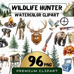 Aquarel Wildlife Hunter 96 png clipartbundel, bosspel jagen, herten illustratie scrapbooking, kaarten maken, bos commercieel gebruik