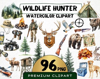 Watercolor Wildlife Hunter 96 Png Clipart Bundle, Forest Game Hunting, Deer Illustration Scrapbooking, Card Making, Woodland Commercial Use