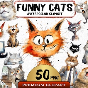 Clipart drôle de chat 50 png, animaux de compagnie caricatures mignons, chatons insolites aquarelle, chat en colère, animaux de dessins animés, impressions numériques, autocollants Scrapbooking