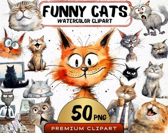 Funny Cat Watercolor Clipart, Quirky Kitten PNG Bundle (50 Files)