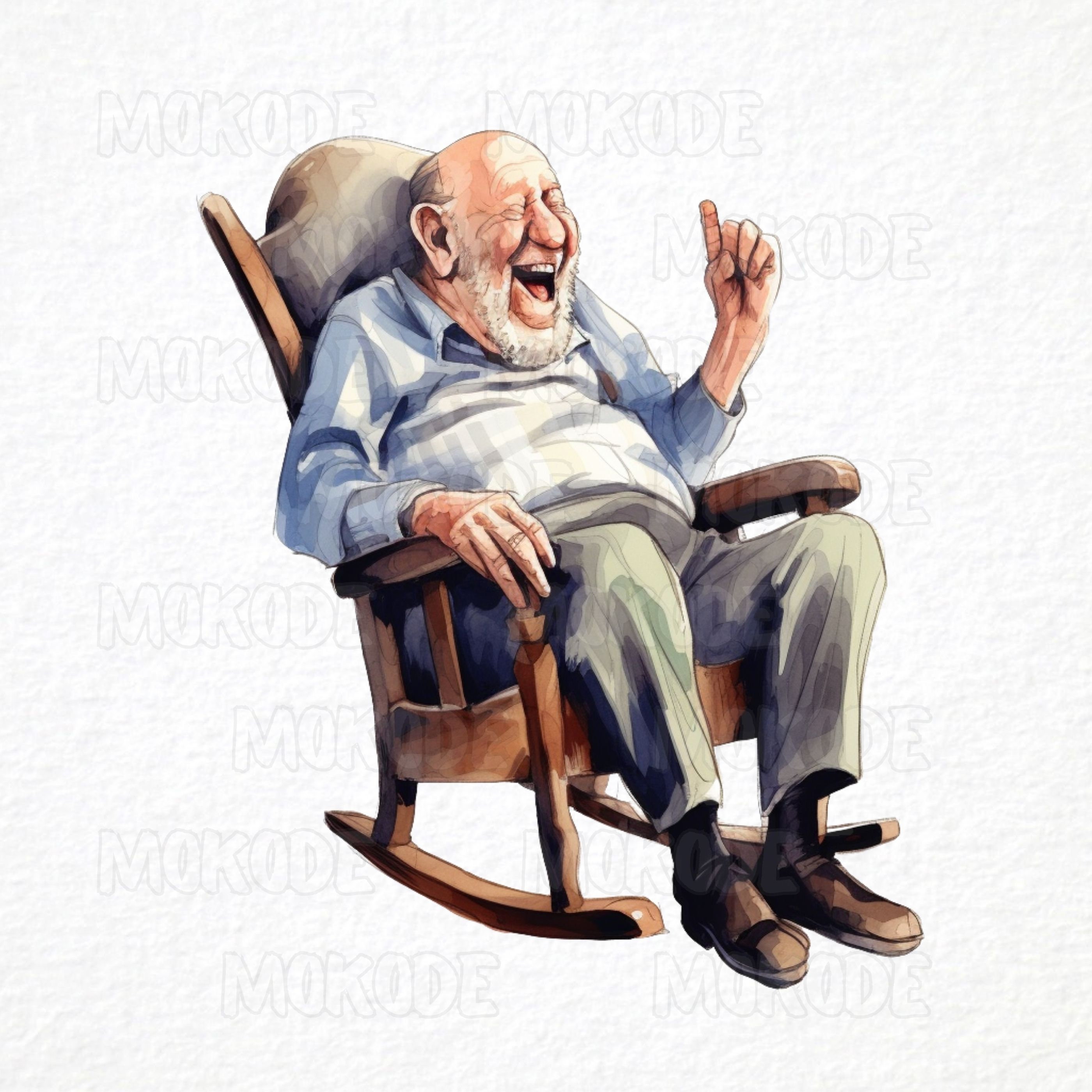 Funny Grandpa Rocking Chair Clipart, Watercolor Caricature (PNG Digital ...