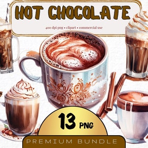 Hot Chocolate Clipart, Set of 13, Watercolor Cocoa Drink Christmas Graphics, Hot Chocolate Mug Illustration Festive Holiday Drink Png Bundle