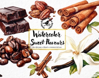 Watercolor Sweet Flavours Clip Art Cinnamon Watercolor Clip Art Coffee Beans Art Coca Vanilla Scrapbooking Food Clipart Dessert png Spices