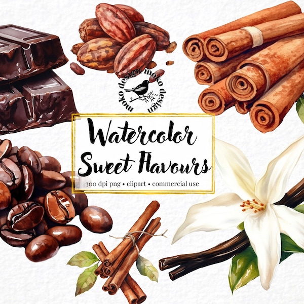 Watercolor Sweet Flavours Clip Art Cinnamon Watercolor Clip Art Coffee Beans Art Coca Vanilla Scrapbooking Food Clipart Dessert png Spices