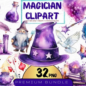Aquarel goochelaar clipart tovenaar school graphics, set van 32, heks png, toverstaf, fantasie clipart, drankje illustratie, Instant Download