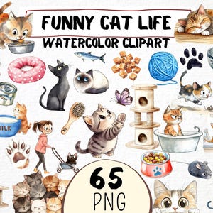 Funny Cat Life Clipart 65 Png, Cute Kitten Watercolor, Quirky Cat, Pet owner Gift, Cat Tree Cartoon, Baby Kitty Digital Download Prints