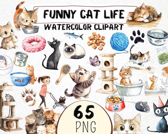 Puede incluir: Un conjunto de 65 imágenes de clipart de acuarela que presentan gatos divertidos en varias poses y situaciones. Las imágenes incluyen gatos durmiendo, jugando, comiendo y usando un rascador. Las imágenes son perfectas para crear tarjetas de felicitación, invitaciones, páginas de álbumes de recortes y otros proyectos de manualidades.