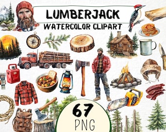Watercolor Lumberjack Clipart Set, Forest Axe, Chainsaw Graphics (Commercial Use)