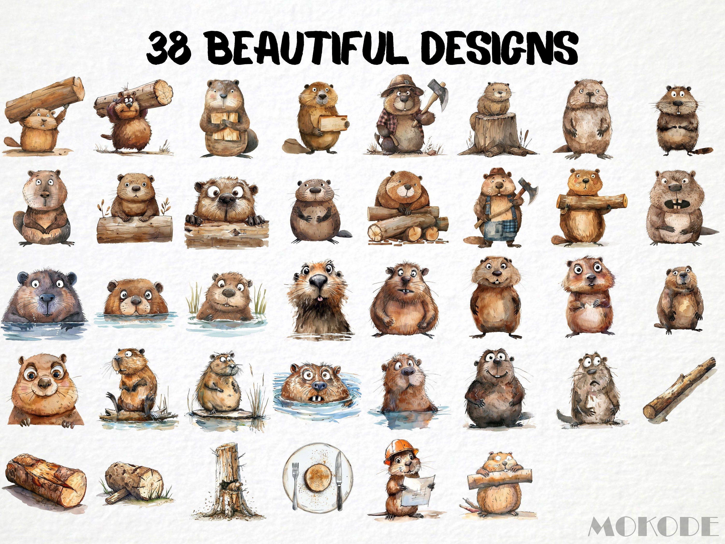 面白いビーバーの水彩画クリップアート、森の動物PNG（デジタル