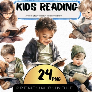 Clipart di bambini che leggono, acquerello, set di 24, grafica per bambini in età prescolare, illustrazioni di libri da leggere, png di libri scolastici, clipart di bambini che leggono