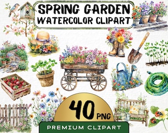 May include: A set of 40 watercolor clipart images featuring spring garden elements, including flowers, a wheelbarrow, a watering can, a garden bench, a fence, a birdhouse, and a garden path. The images are perfect for creating digital or printed projects.