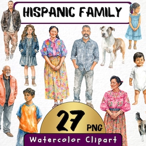 May include: Watercolor clipart featuring a Hispanic family, including adults, children, and a dog. The image includes the text "HISPANIC FAMILY", "27 PNG", and "Watercolor Clipart". The illustrations are colorful and detailed.