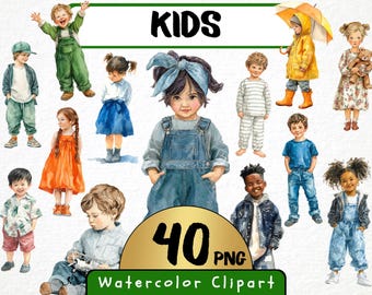 Watercolor Kids Clipart, Children Illustration Set (40 PNG) (Digital Download)