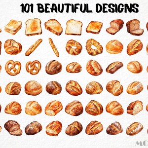 May include: 101 Beautiful Designs: A collection of watercolor illustrations of various types of bread, including loaves, rolls, baguettes, pretzels, and croissants.
