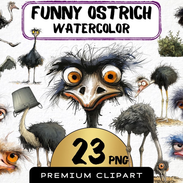 Funny Ostrich Birds Clipart 23 Png, Cute Caricature Emu, Quirky Ostrich Watercolor, Cartoon Bird, Ostrich Png, Digital Print Scrapbooking