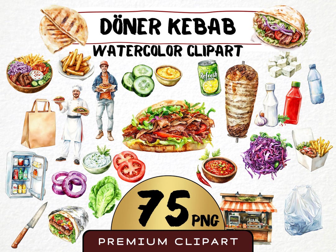 Watercolor Doner Kebab Clipart, Turkish Food Graphics (75 PNG ...