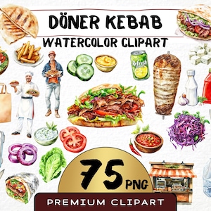 Watercolor Döner Kebab Clipart 75 Png, Turkish Doner Shop Graphics, Takeaway Street Food, Shawarma Döner Box, Digital Prints, Commercial Use