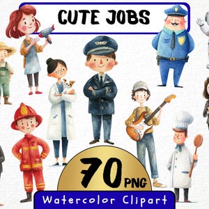 Puede incluir: Clipart de acuarela con ilustraciones de varias profesiones, incluyendo un granjero, un astronauta, un médico y un chef. La imagen incluye el texto "CUTE JOBS" y "70 PNG Watercolor Clipart".
