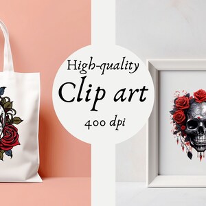 Explore a captivating clipart set featuring skulls and roses in diverse designs. Perfect for Gothic, tattoo, and edgy-themed projects. Find skull and rose illustrations, vintage motifs, and more!" Halloween, Skulls, Skull Clipart, Halloween Art