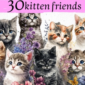 Cute Kittens Clip Art Funny Cats Design Bundle, Watercolor Cute Kitty Friends Babies , Crafting Materials, Printable Digital Paper Cat PNG