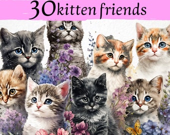 Watercolor Kittens Clipart Bundle, Funny Cat PNG, Commercial Use (Digital Download)