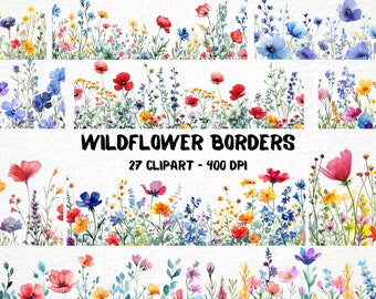 Watercolor Wildflower Borders - 27 Clipart Bundle, DIY Floral Graphic, Spring Scrapbooking, Card Making Stationery Border, Commercial Use