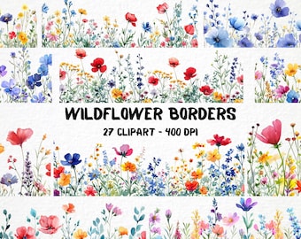 May include: A set of 27 watercolor clipart images of wildflower borders. The borders feature a variety of flowers in shades of blue, red, pink, yellow, and white. The flowers are arranged in a natural, flowing pattern. The clipart is perfect for adding a touch of nature to your designs.